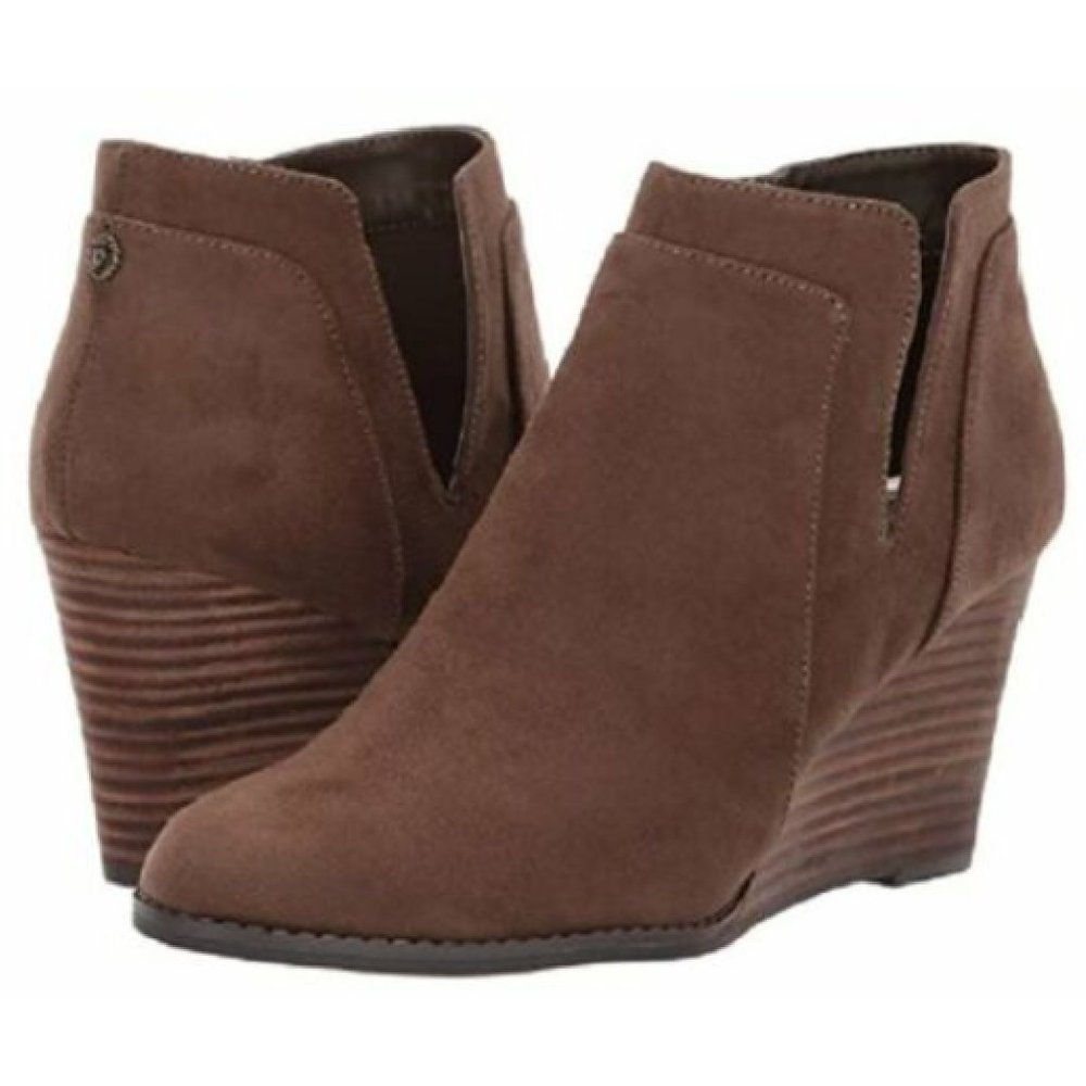 Anne Klein Wedge Ankle Booties Women 10.5 Brown Suede Cutout Boot
